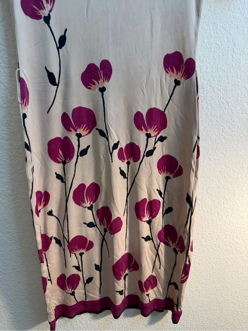 Tory Burch 100%silk Beige Midi Dress with Magenta Floral and Navy Trim